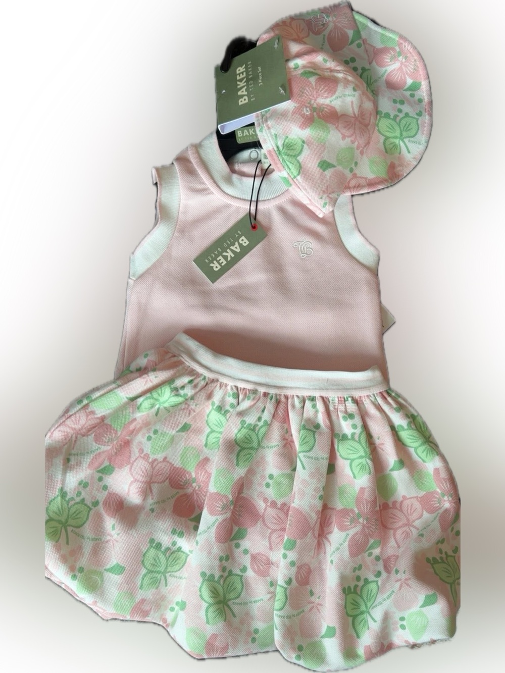 Baker by Ted Baker Pink and Green Floral Baby Dress with Matching Hat nwt